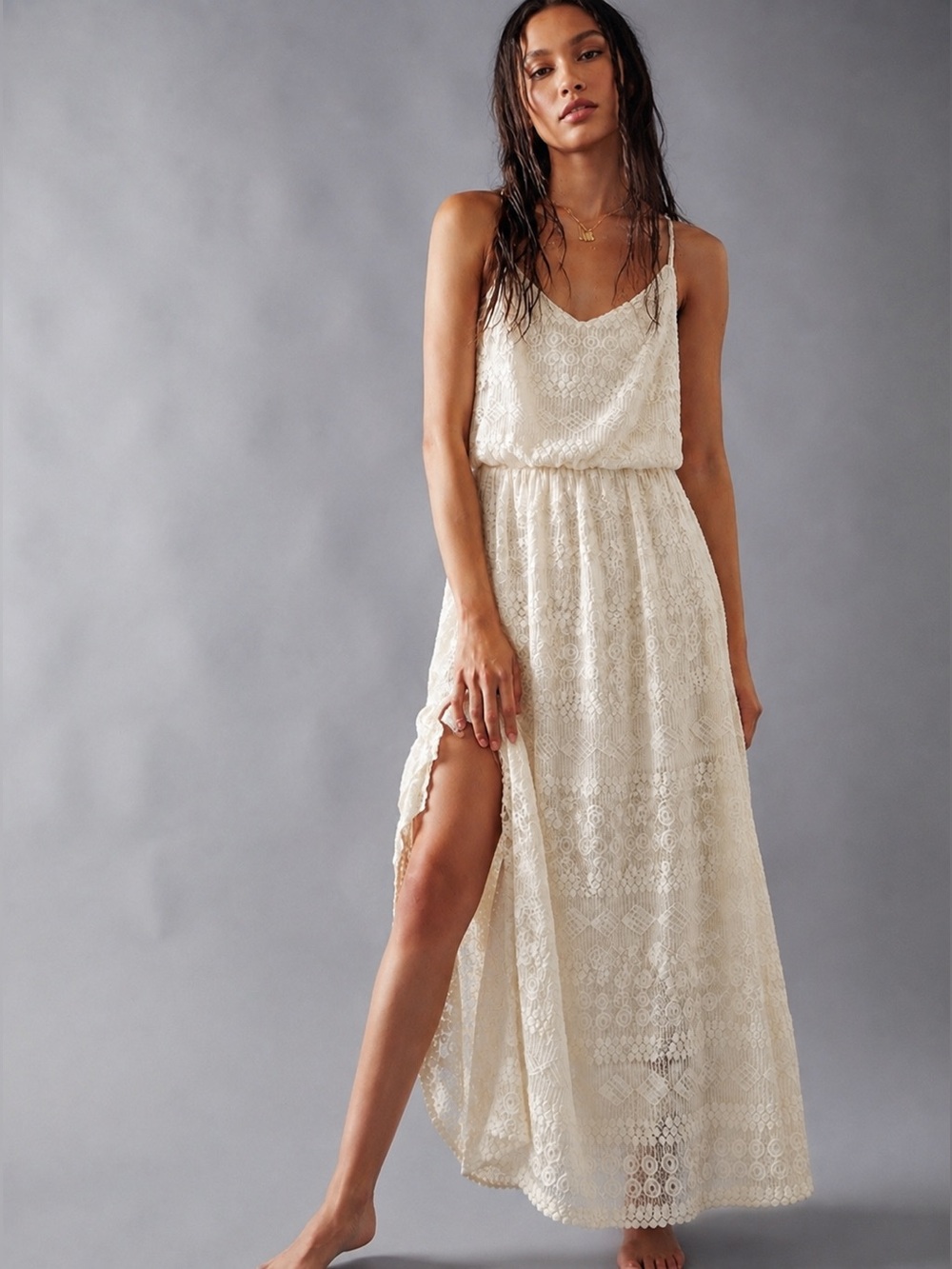 Sandra Darren Cream Lace Maxi Slip Dress with a slip in the back